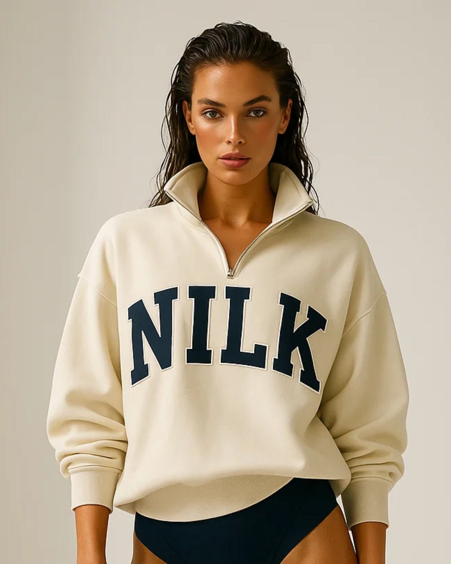 Sweat à capuche avec fermeture éclair quart de longueur | Cream Dream Team NILK (Logo sur le devant)