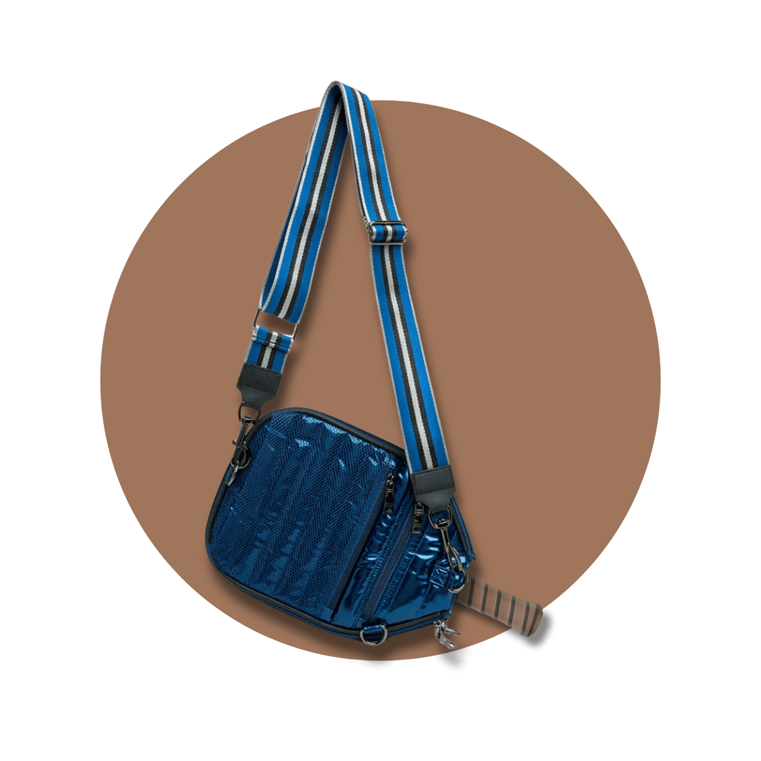 Crossbody pickleball paddle cover in blue puffer style. Best padded paddle sleeve with adjustable strap by NILK.
