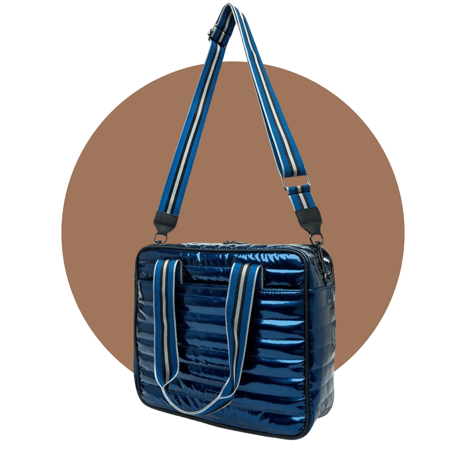 Rear view of blue puffer pickleball tote with quilted exterior and padded straps – stylish pickleball bag for Canada and US markets