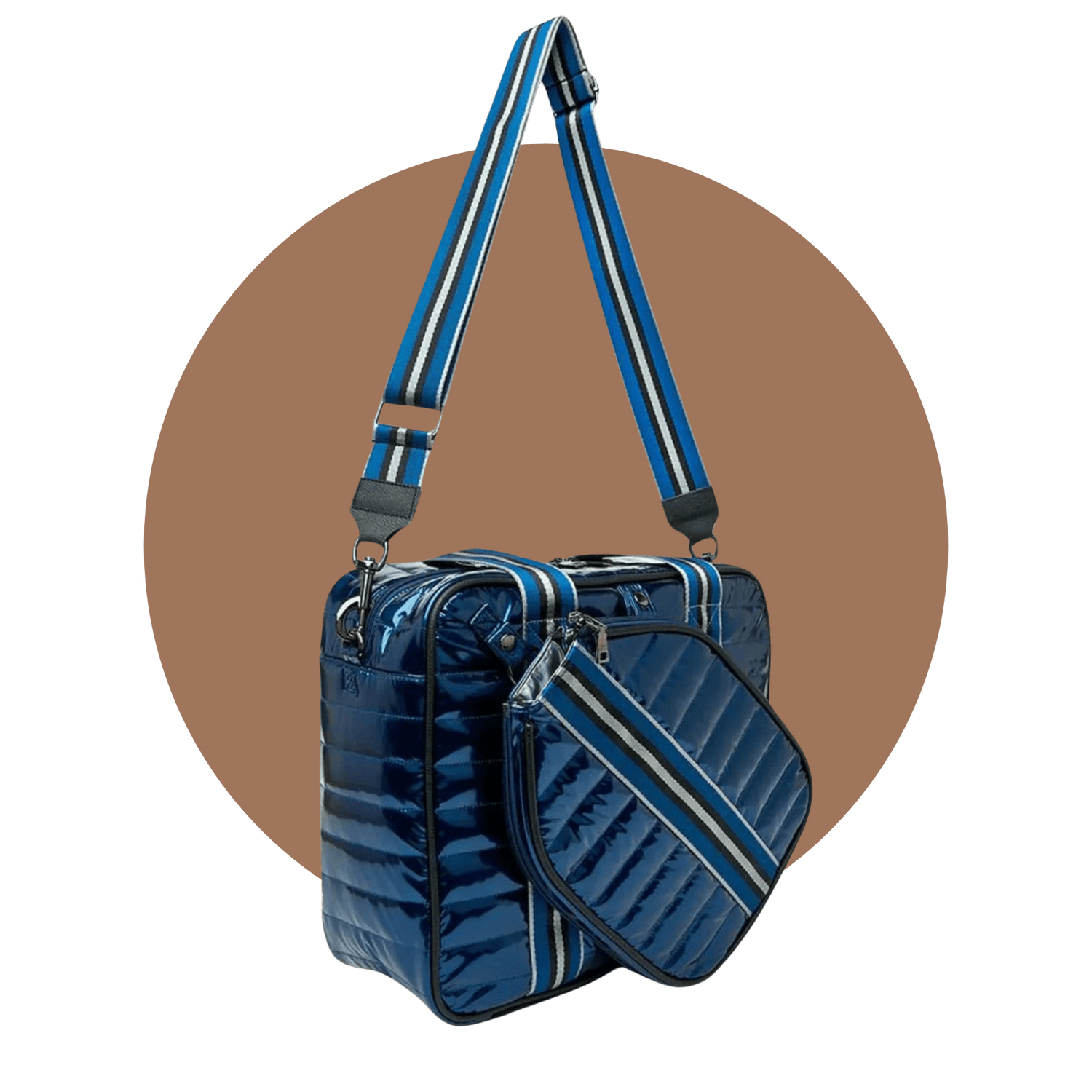 Side view of blue pickleball tote bag with long crossbody strap and paddle cover – top-rated pickleball bag