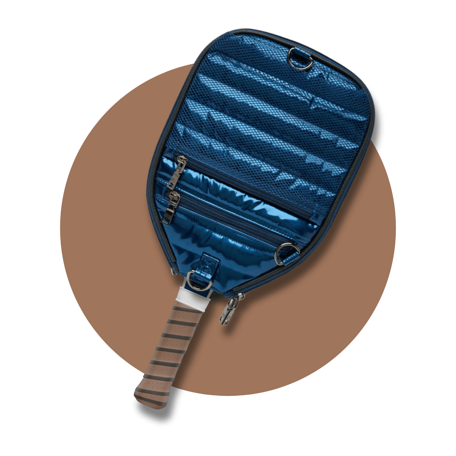 Blue pickleball paddle cover with zippered storage and mesh pocket. Premium puffer cover for 2 paddles.
