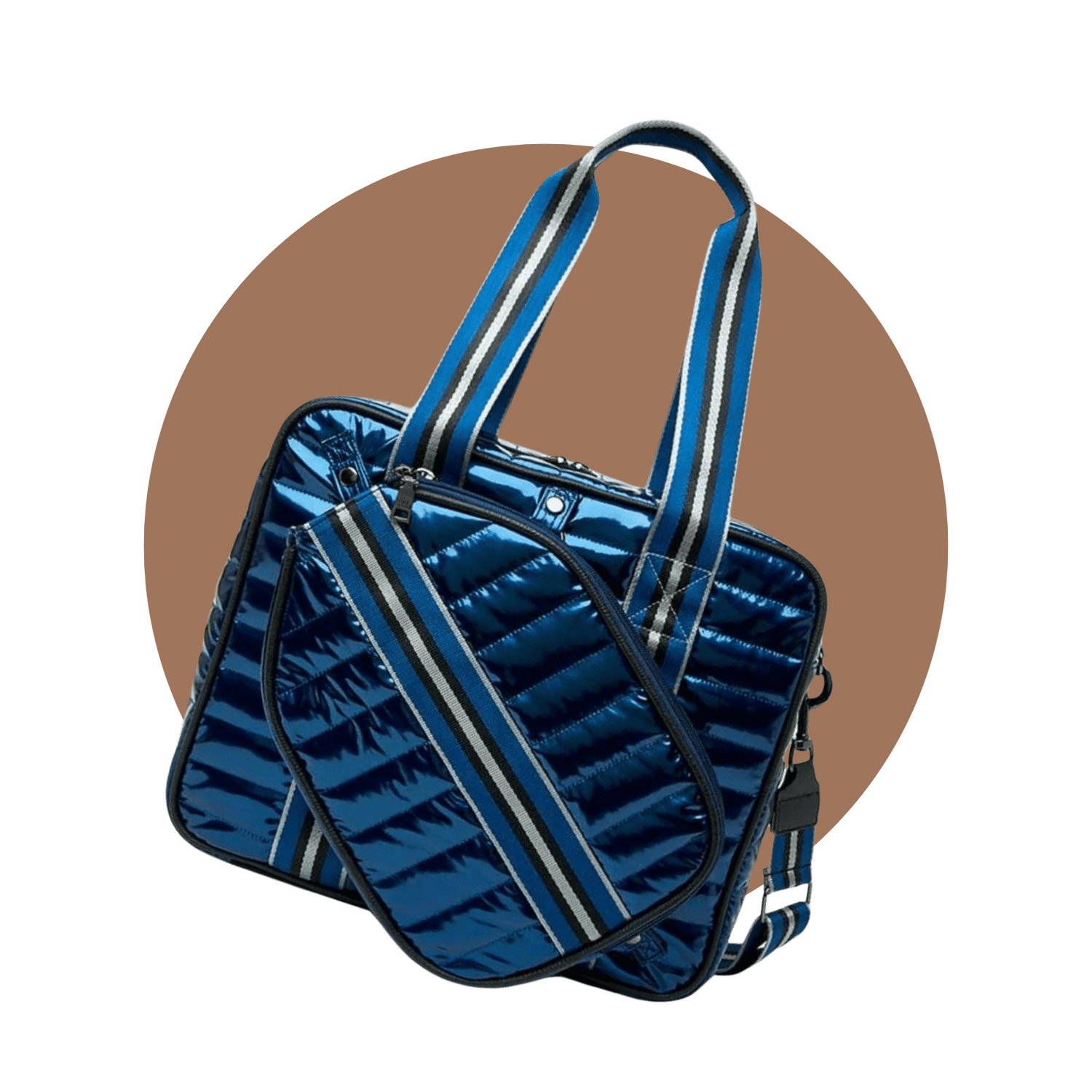 Angled front view of blue puffer pickleball bag with paddle pocket – best pickleball bag for stylish players