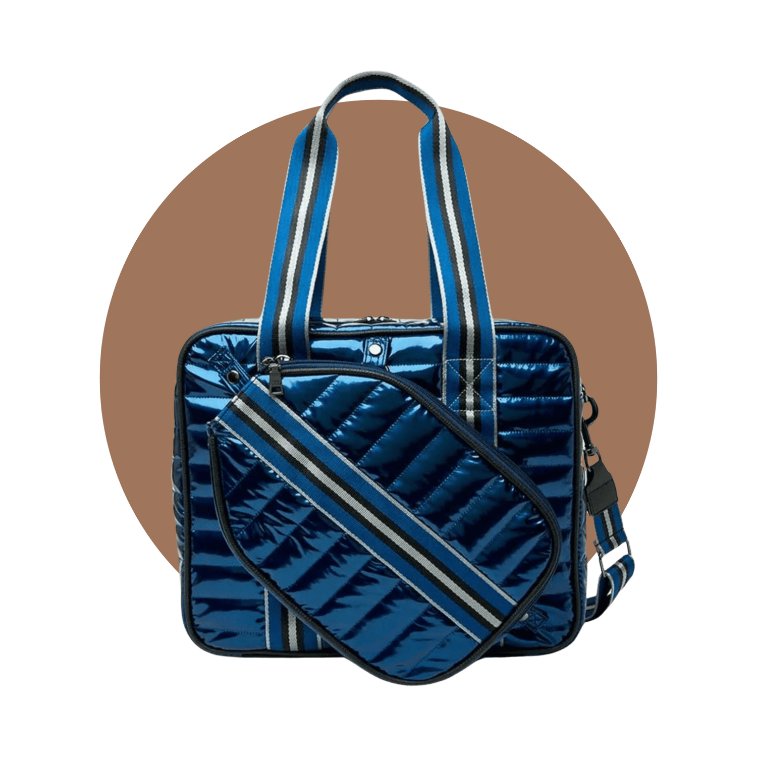 Front view of blue quilted pickleball bag with paddle cover – stylish puffer pickleball tote bag for men and women