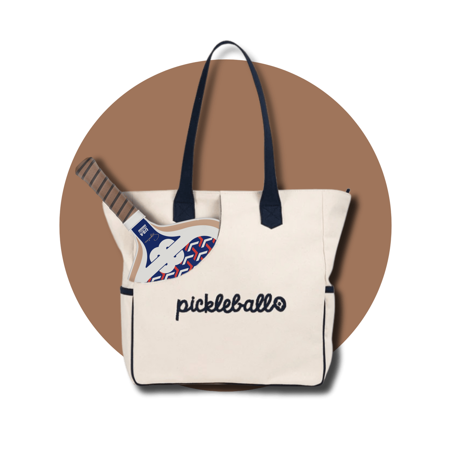 NILK Studio Bello canvas pickleball tote bag with paddle in front pocket – the perfect canvas pickleball bag for daily play and travel.