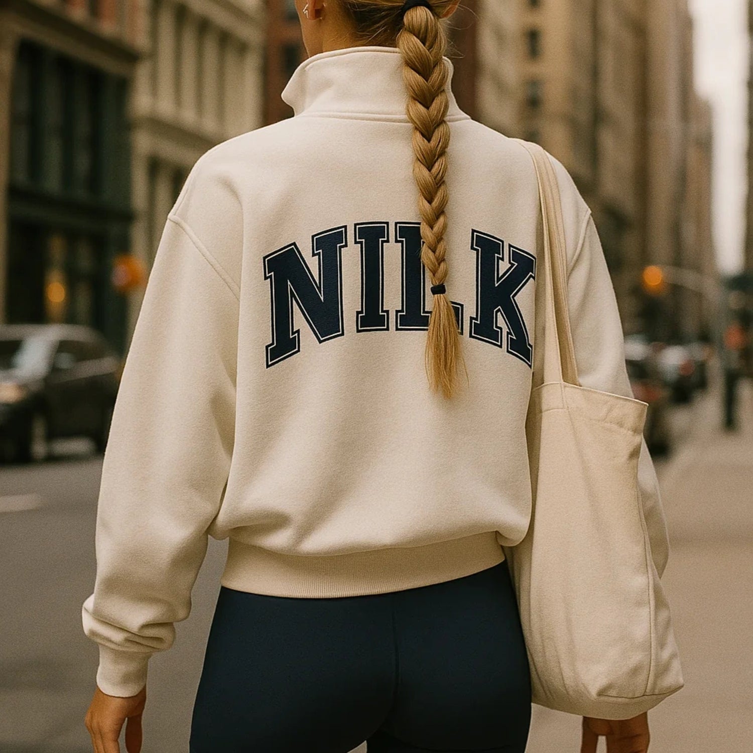 Back view of NILK Cream Dream Team quarter-zip sweatshirt with bold back logo, worn on city street, stylish pickleball apparel