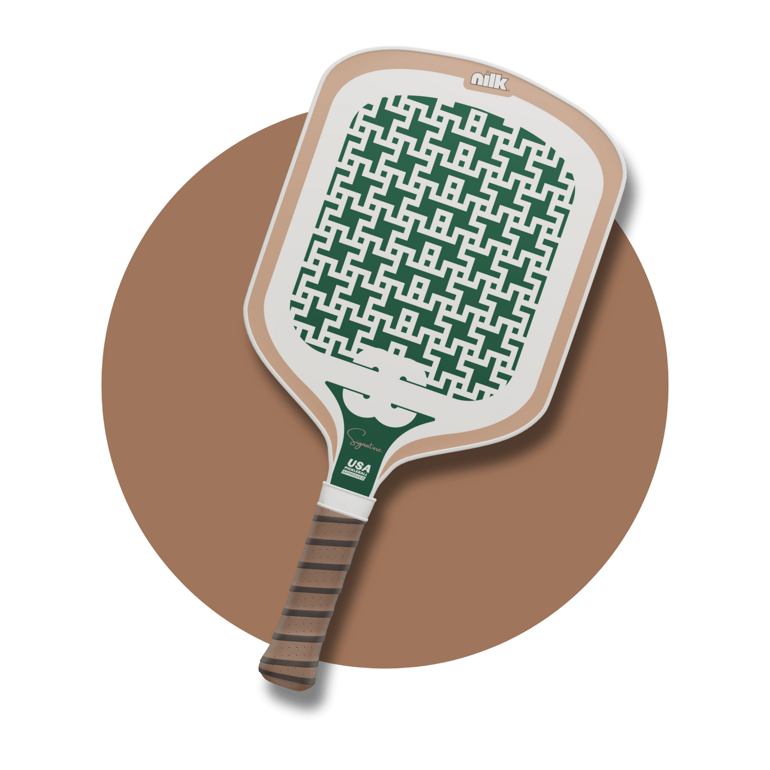 Premium Green Honeydew carbon fiber pickleball paddle from NILK with green monogram print and tan trim, perfect for control and doubles play.