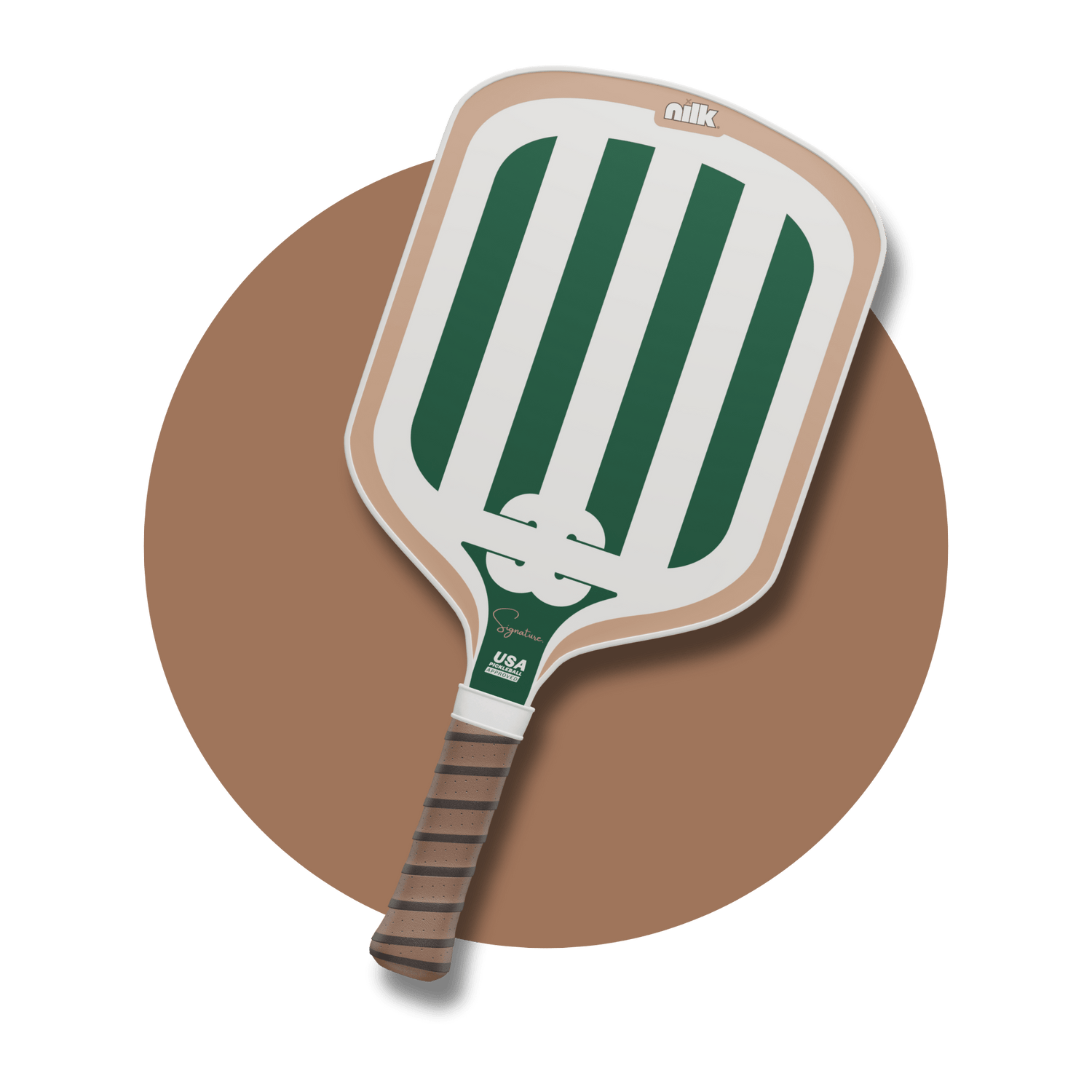 Top-performing Green Matcha NILK pickleball paddle with green stripes and tan trim. One of the best custom pickleball paddles for spin and power.