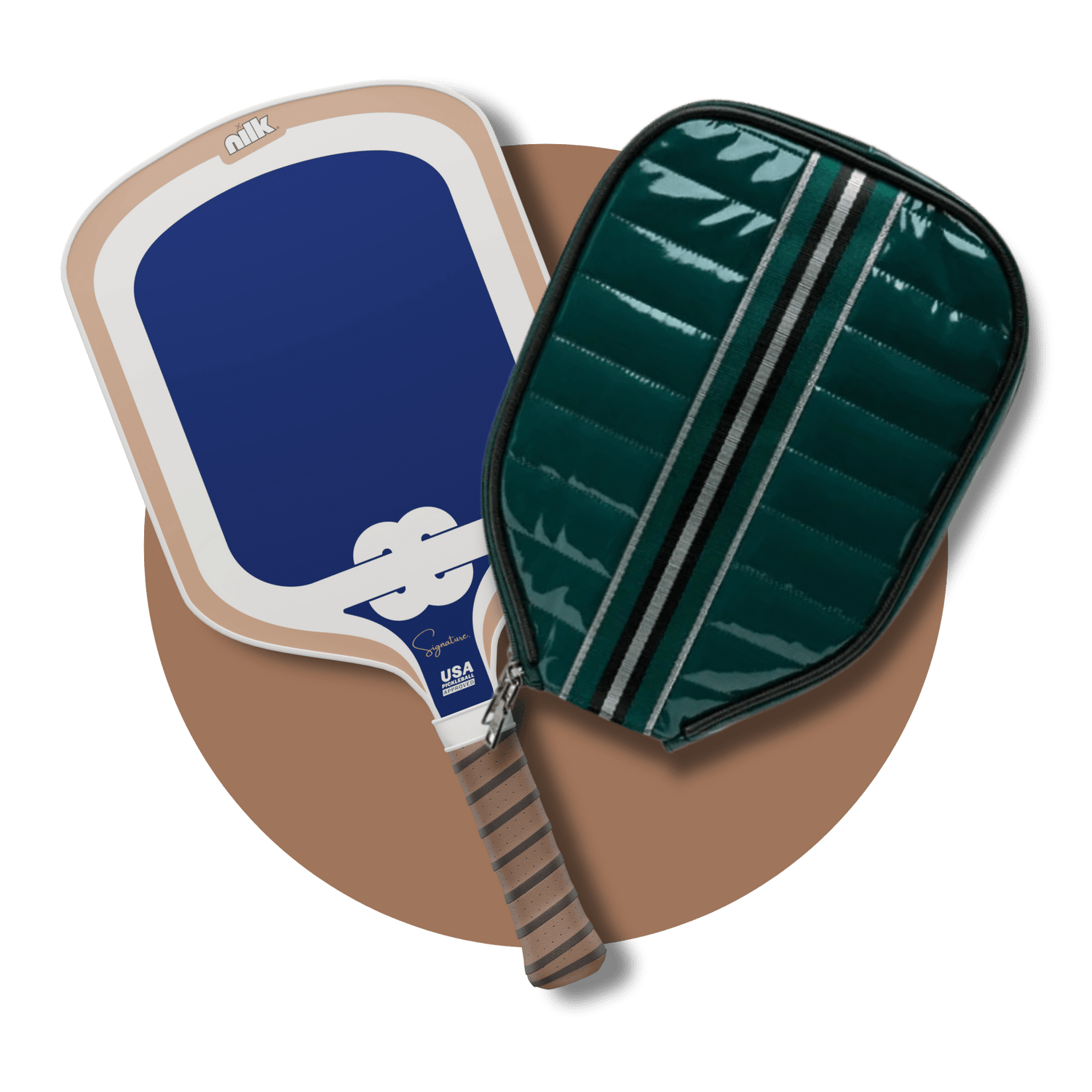 Green pickleball paddle cover by NILK shown with paddle inside. Quilted puffer case with stylish crossbody strap, fits up to 2 paddles.