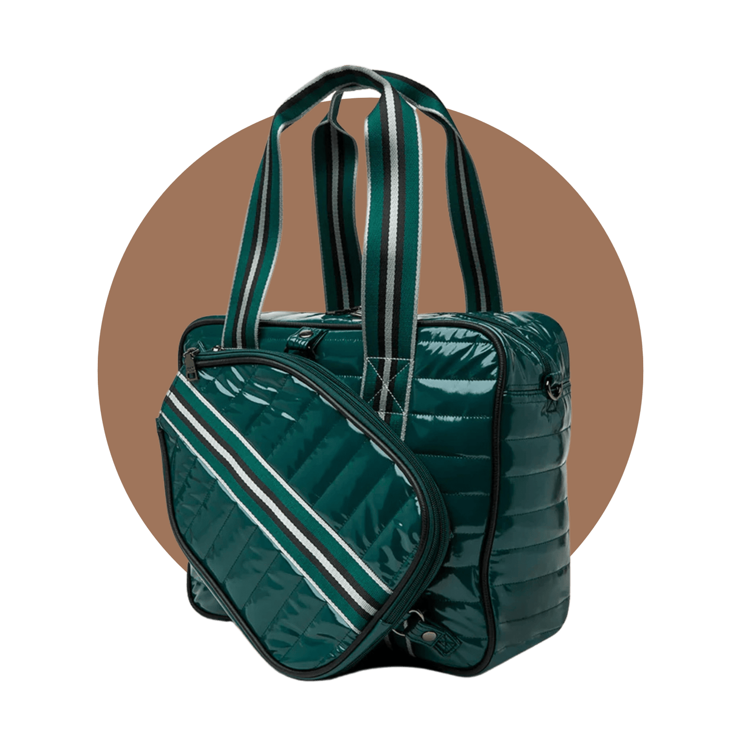 Green puffer pickleball bag side view – quilted tote bag with striped handles and paddle holder.