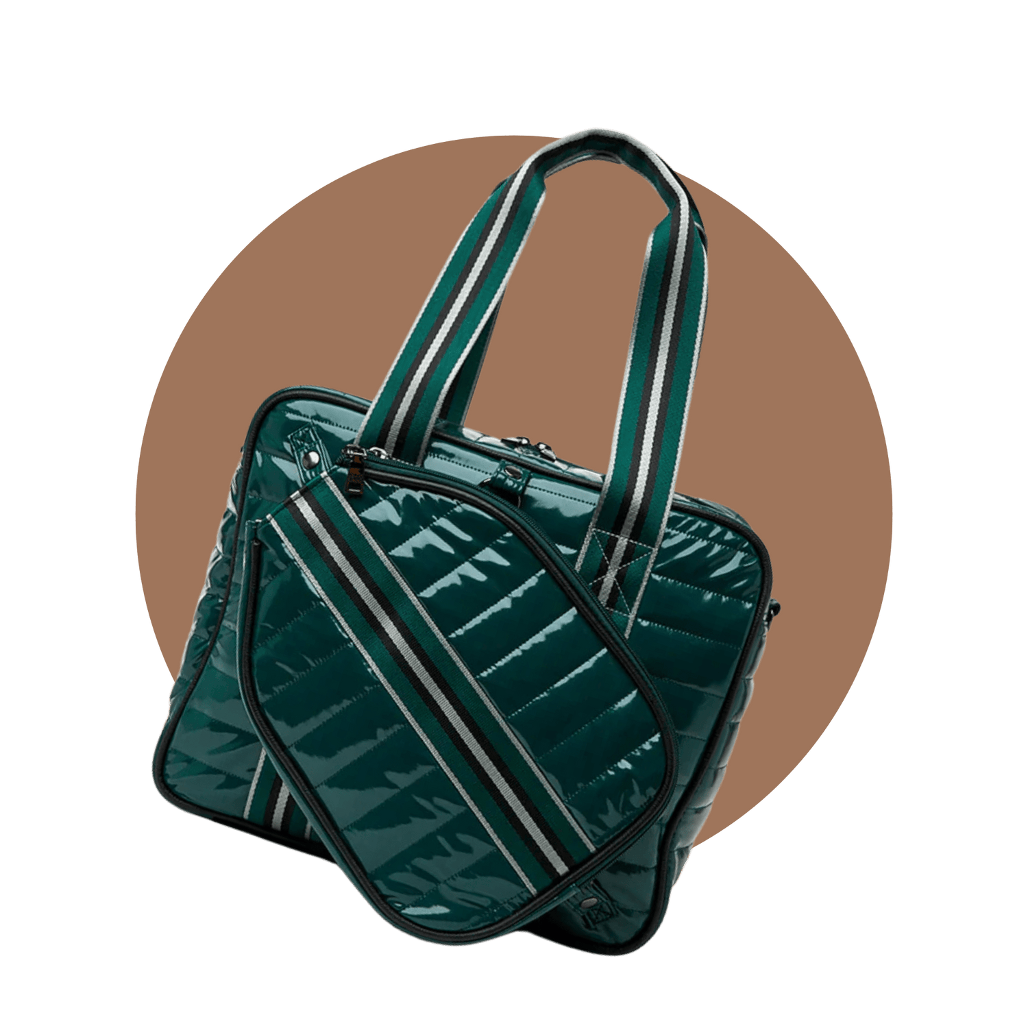 Tilted view of green pickleball tote bag – stylish quilted paddle bag for men in Canada.