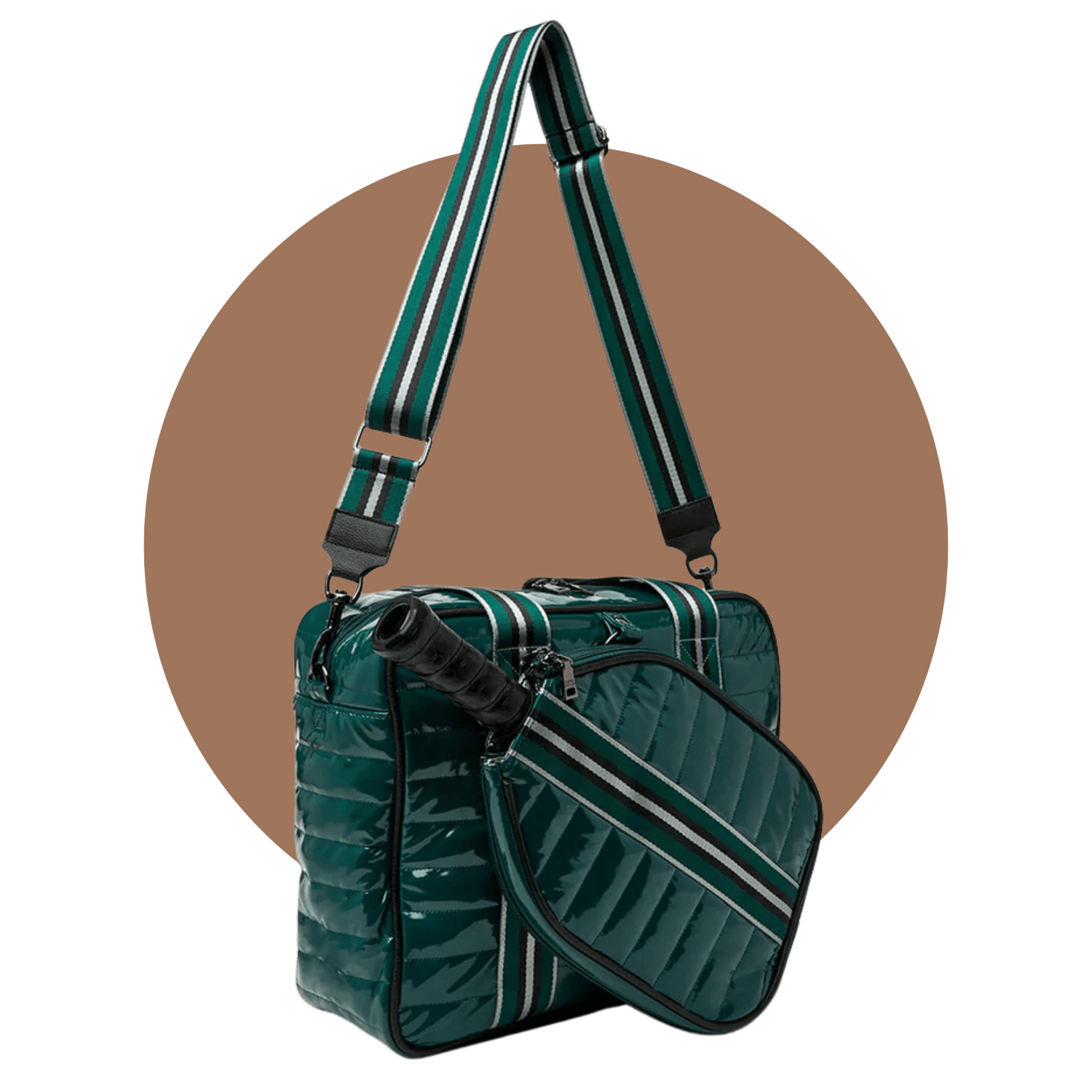 Green puffer pickleball bag for men with paddle and crossbody strap – quilted tote style.