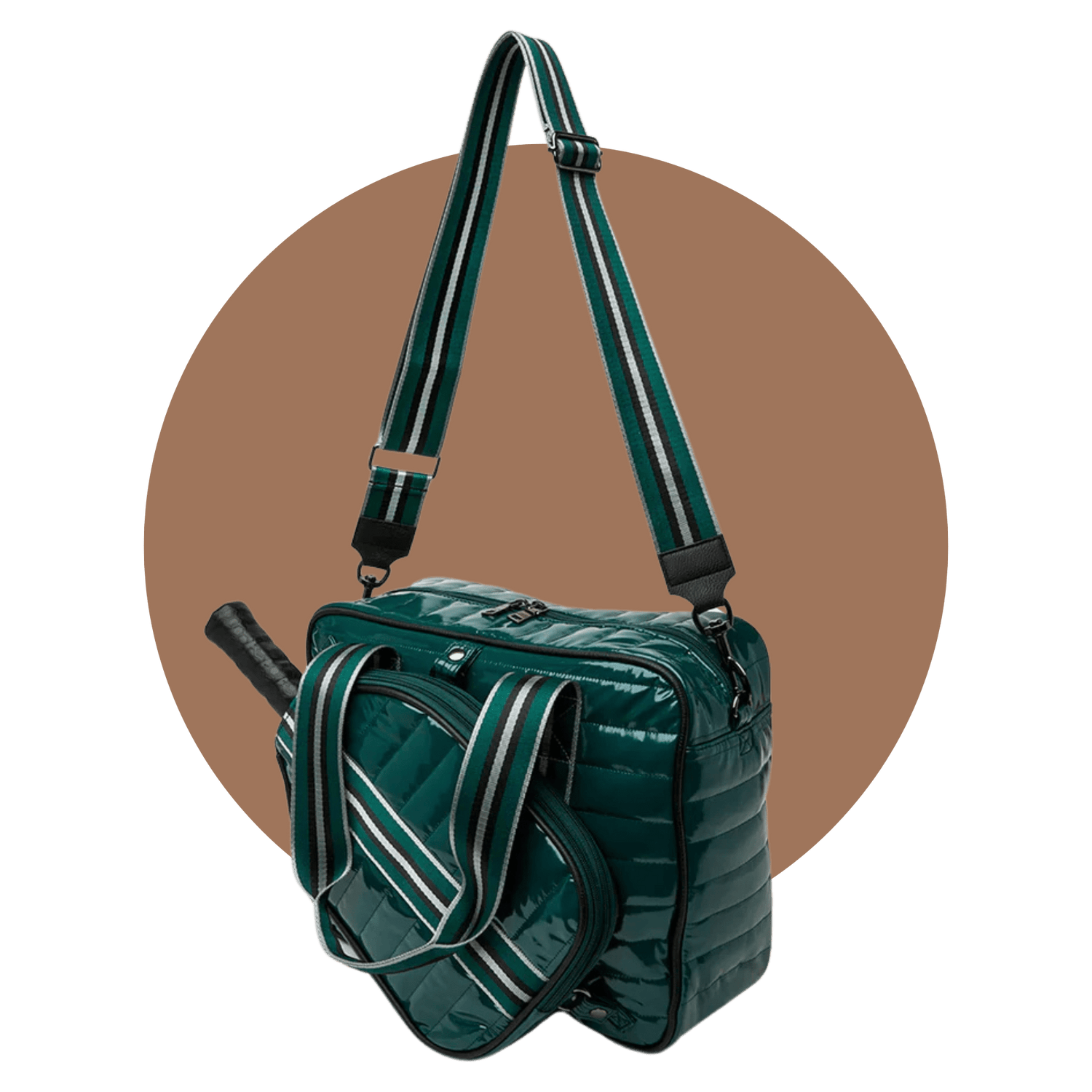 Side profile of quilted pickleball bag for men – puffer pickleball tote with long handle and paddle slot.