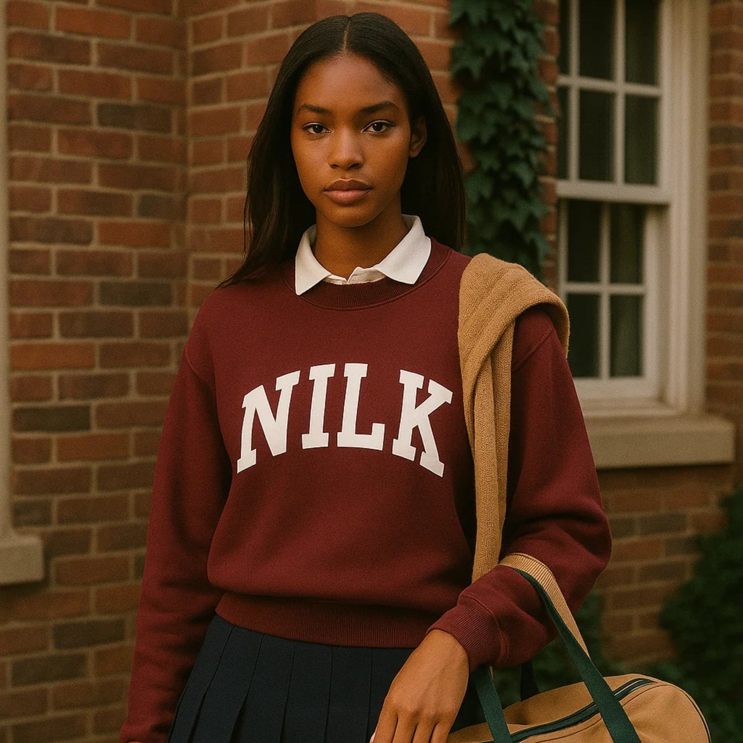 NILK maroon crewneck sweatshirt with white Dream Team solid logo, collegiate aesthetic fall outfit for women