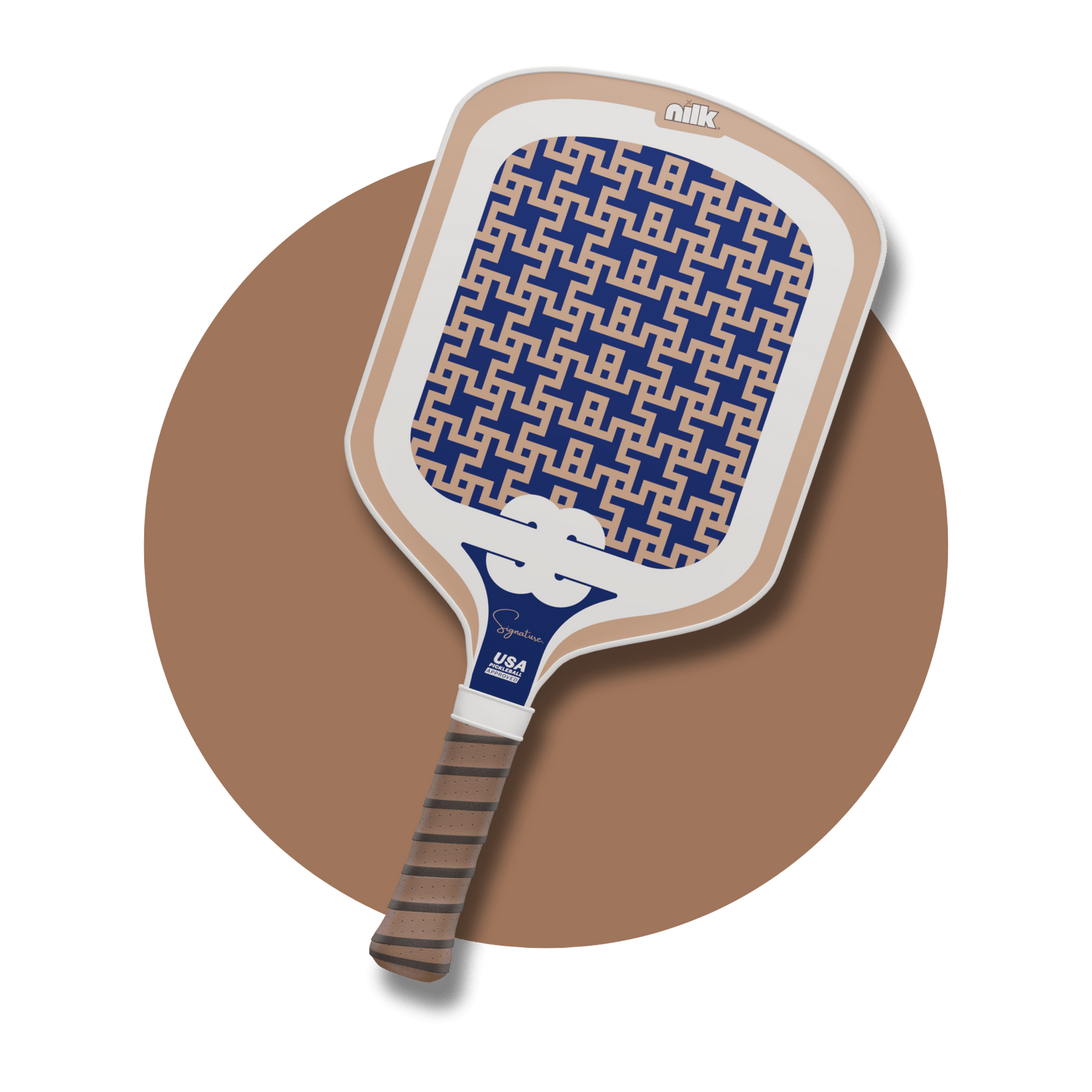 Top-rated pickleball paddle by NILK – Blue Honeydew Signature paddle with bold monogram pattern, built for spin and power.