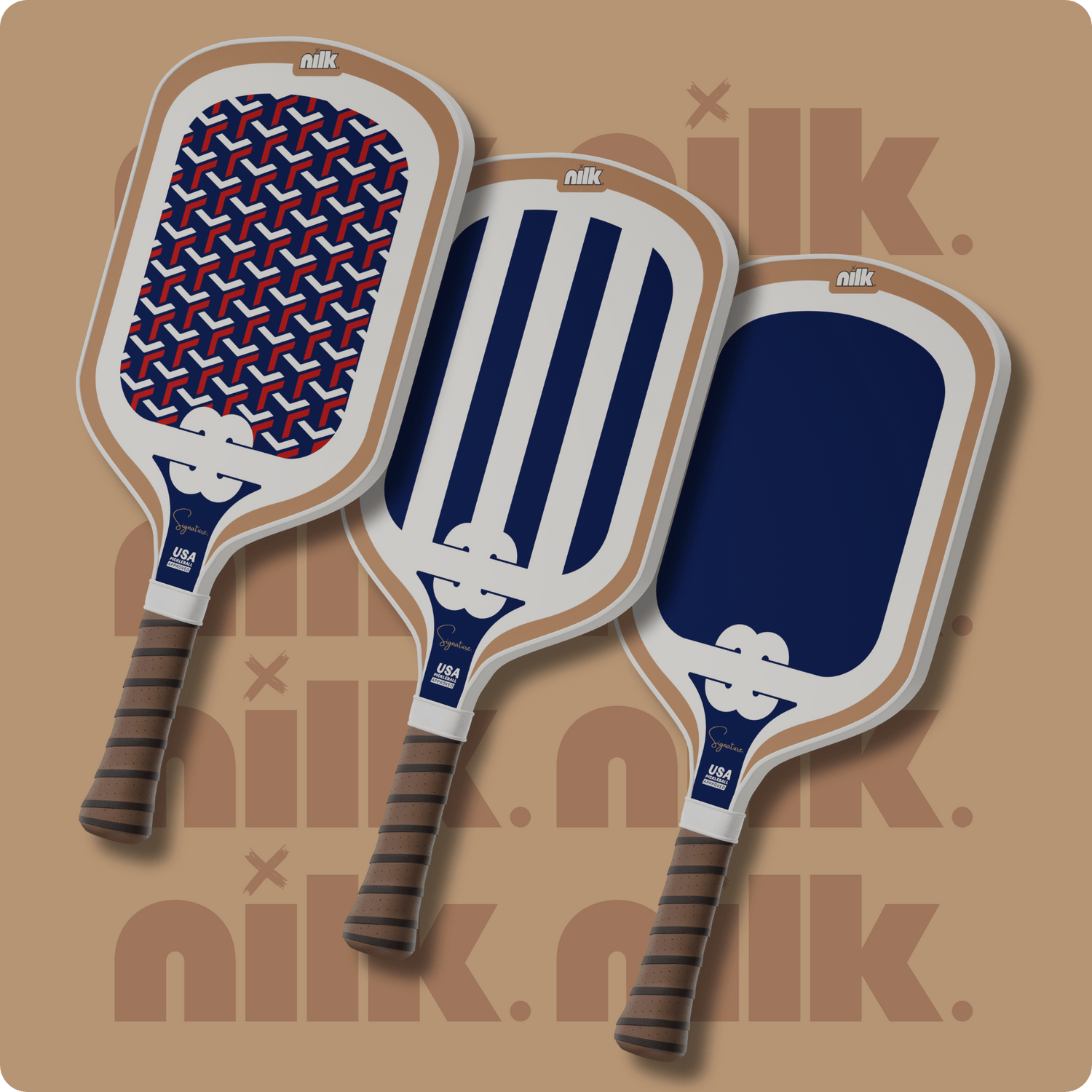 Three NILK pickleball paddles from the Signature Collection — Red Coco monogram, Blue Matcha striped and Blue Taro solid design — displayed on a branded background