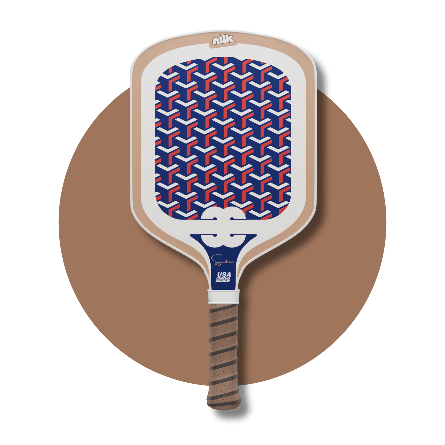 Front view of NILK Red Coco paddle featuring designer-style geometric pattern and USA Pickleball approval.