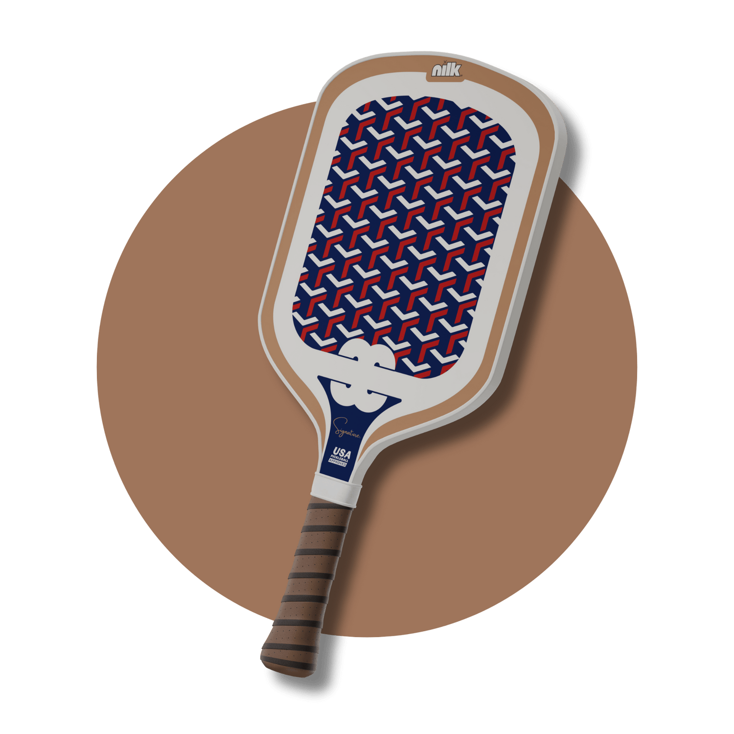 NILK Signature Red Coco pickleball paddle with Goyard-inspired 3D cube pattern and thermoformed carbon fiber face.