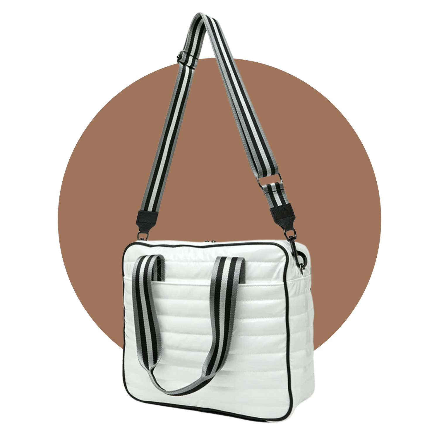 Back of white pickleball puffer tote bag with adjustable straps – NILK Praline Collection.
