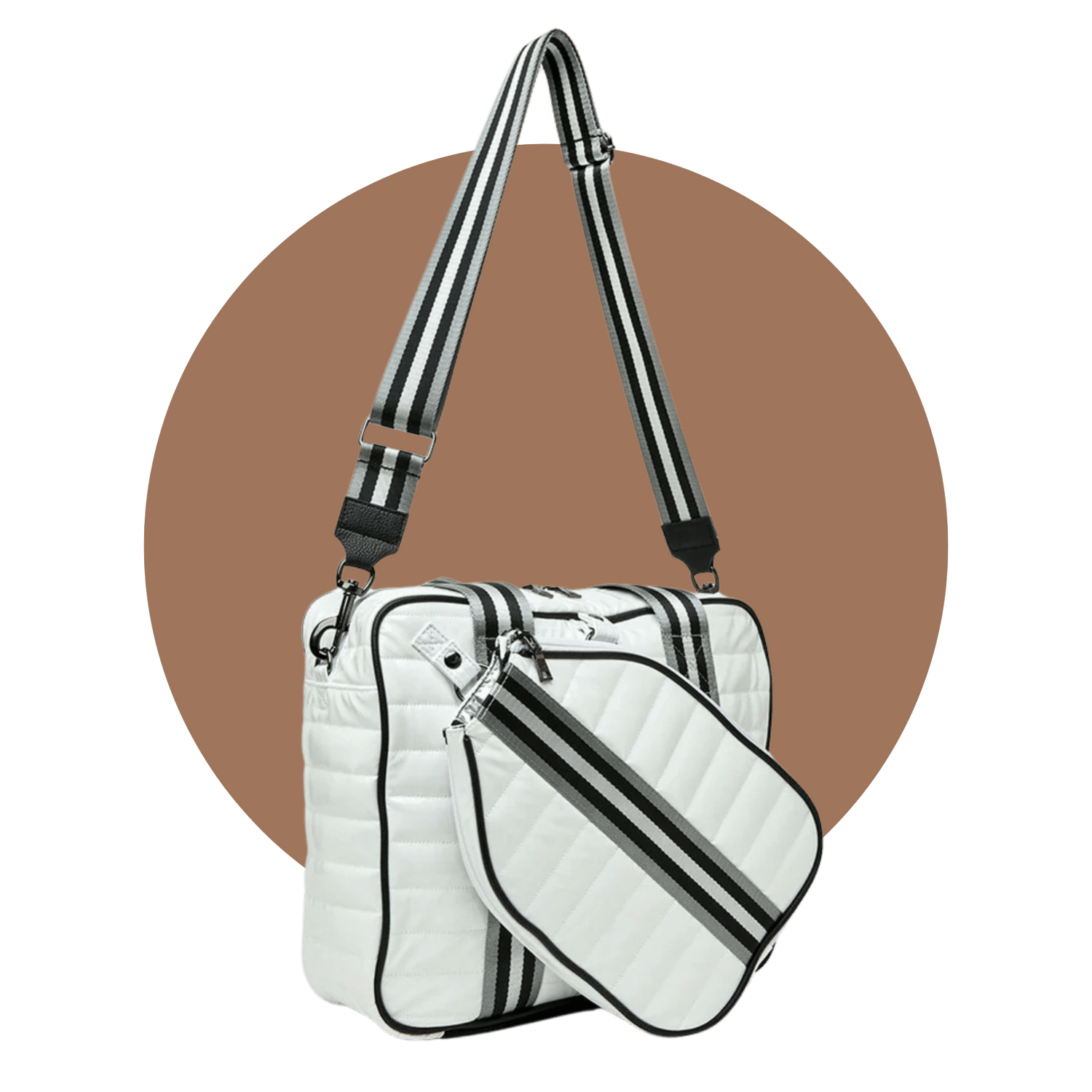 Quilted white pickleball tote bag with black trim and dual shoulder straps – NILK bag for women.