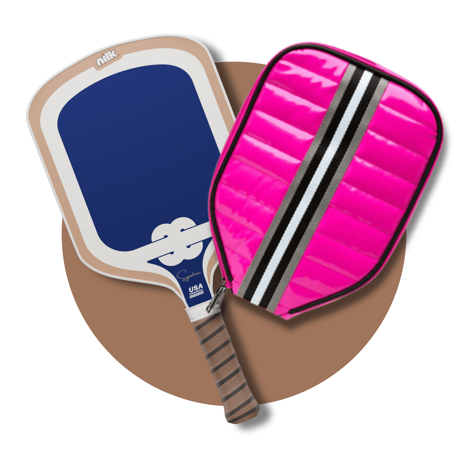 Pink Truffle NILK puffer pickleball paddle cover shown with paddle – best pickleball paddle cover for women