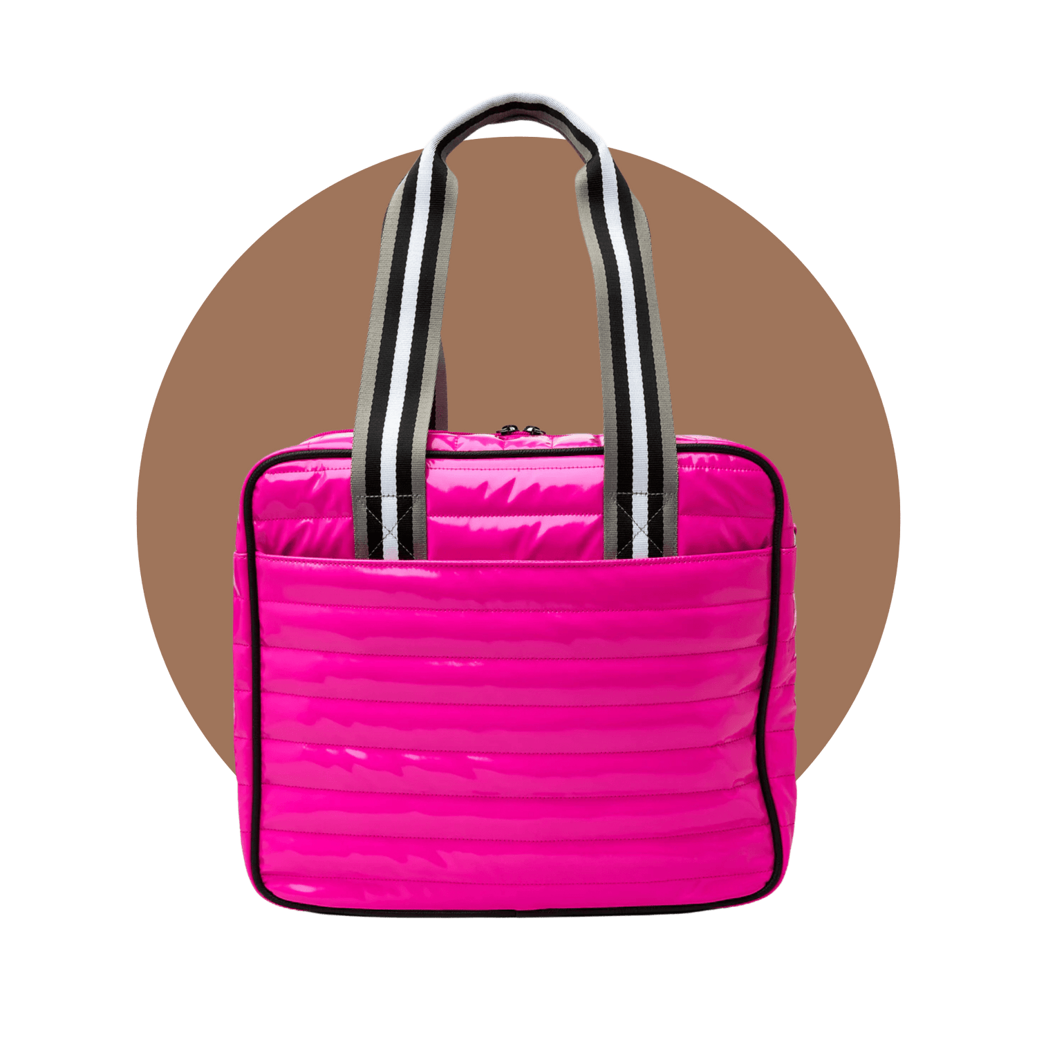 Rear view of pink pickleball bag for women — stylish quilted puffer design with striped handles and spacious back slip pocket.