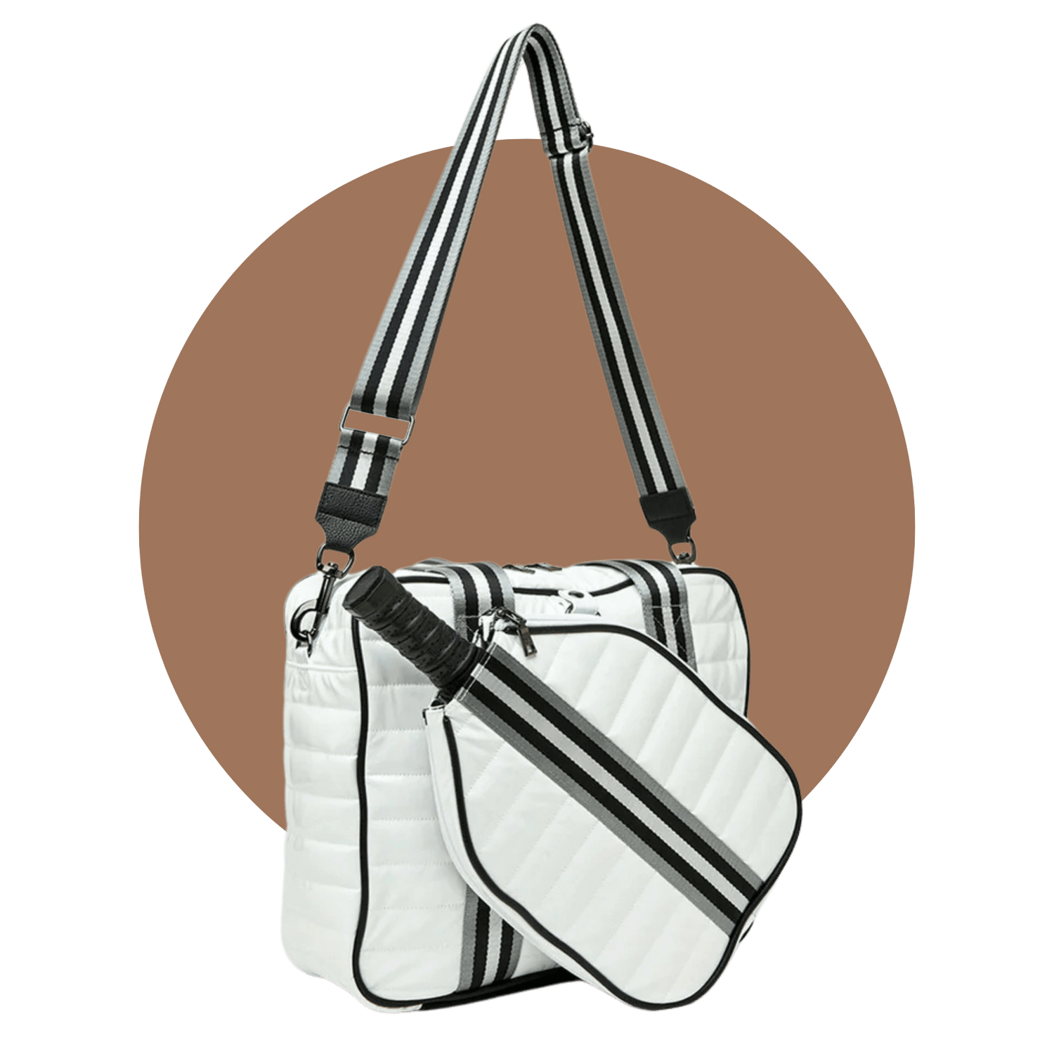 Side view of white pickleball tote bag with built-in paddle cover and crossbody strap.