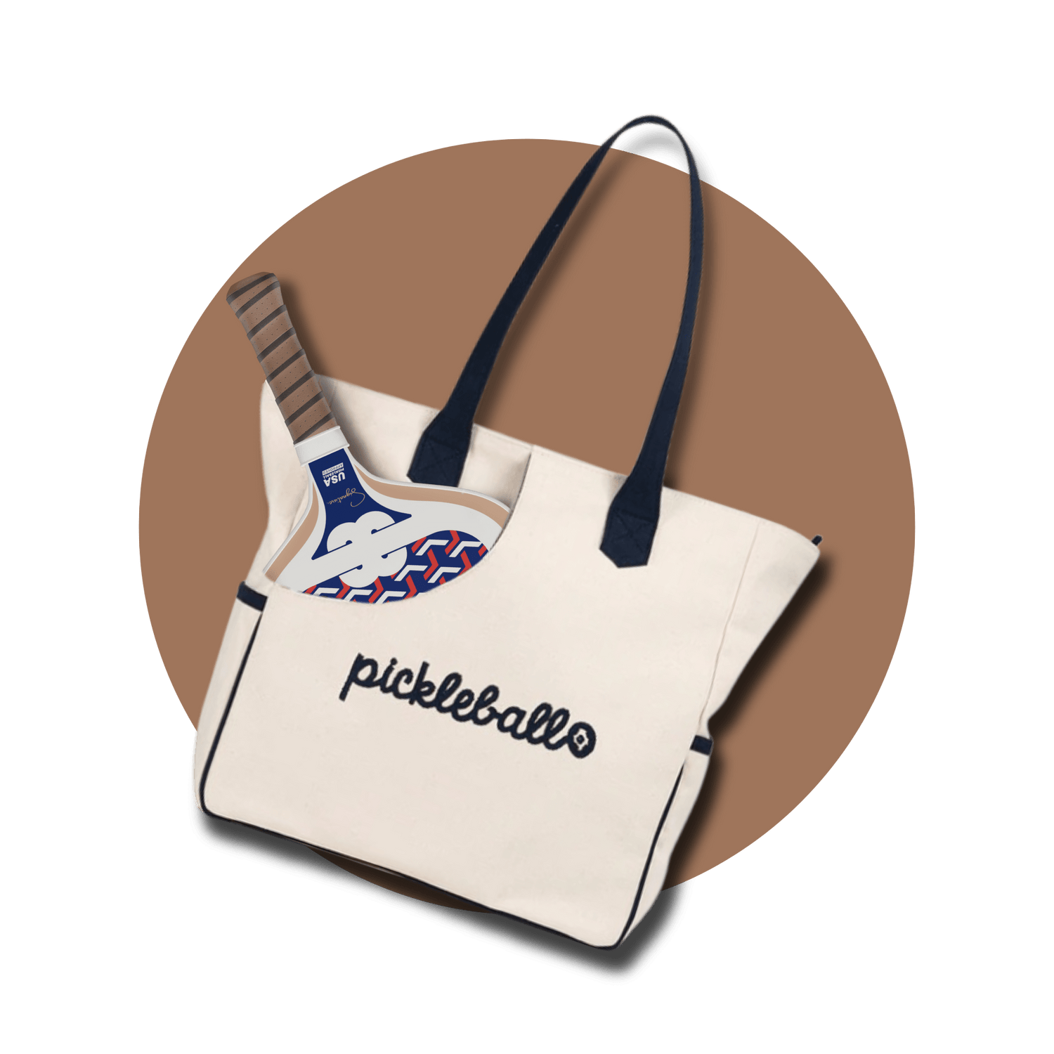 Angled front view of NILK’s Studio Bello canvas pickleball tote bag with paddle – a stylish pickleball bag for women and men.
