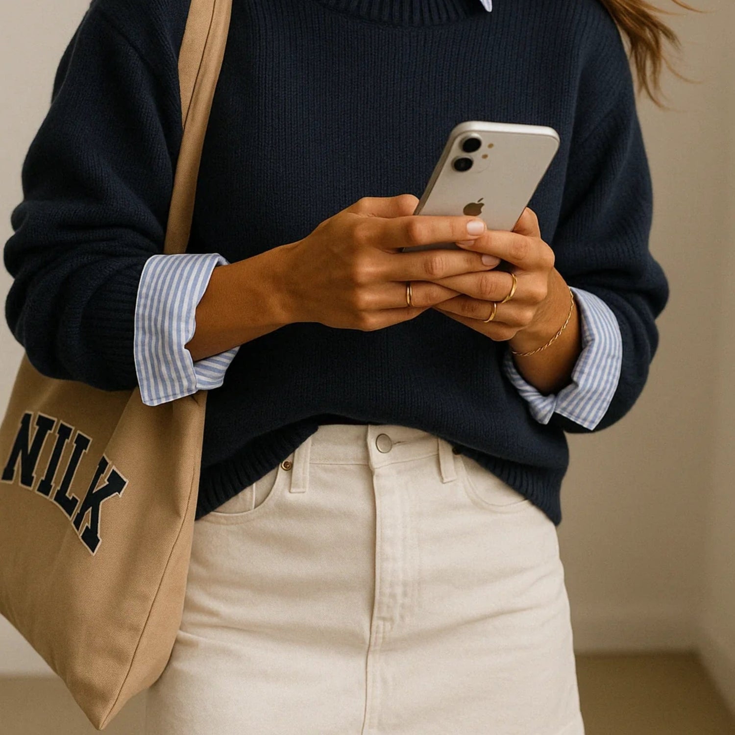 Tan NILK Dream Team small canvas tote bag styled with preppy outfit, perfect for school, errands or casual everyday use
