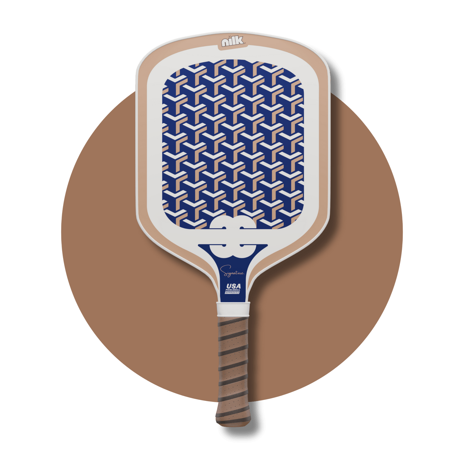 Tan Coco Signature pickleball paddle by NILK — top carbon fiber paddle for control, spin and power in a luxury 3D designer-style cube pattern.