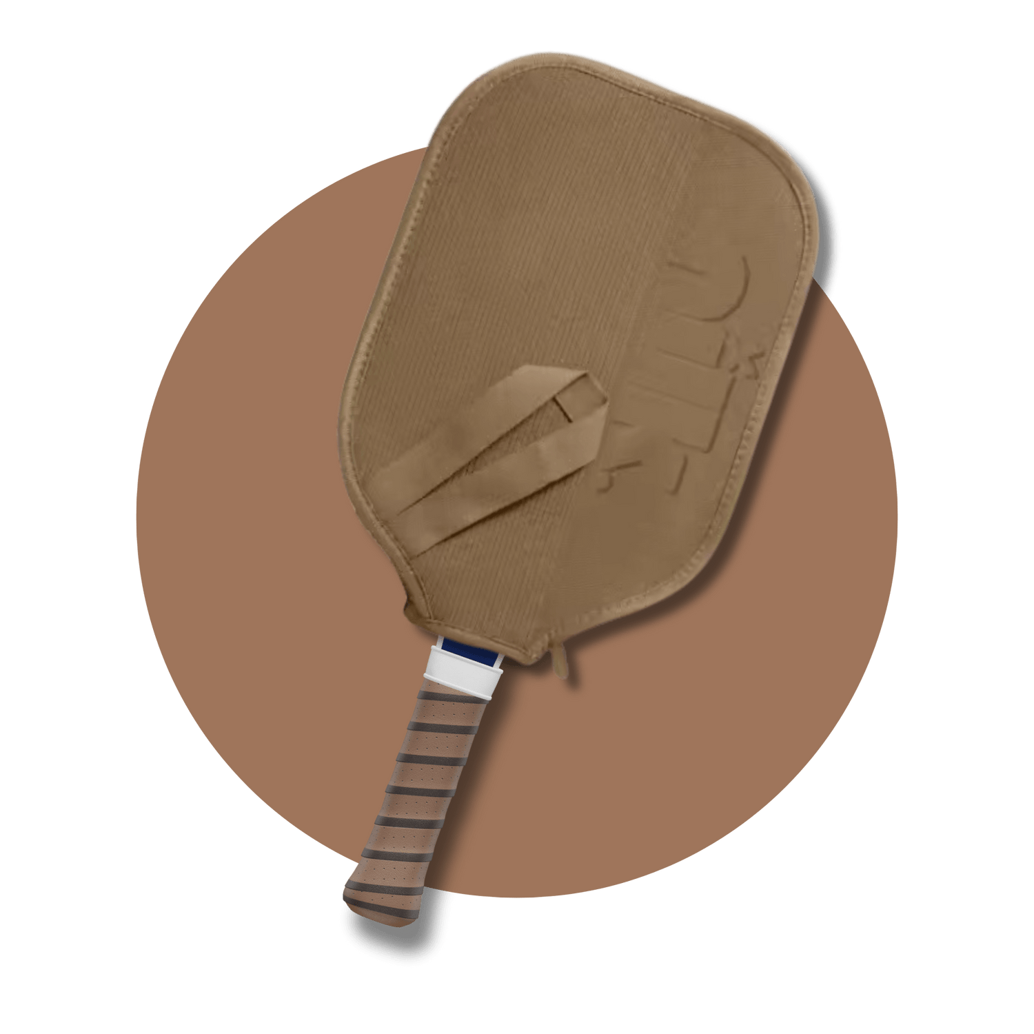 Custom pickleball paddle cover in tan from NILK with snug universal fit and padded lining.