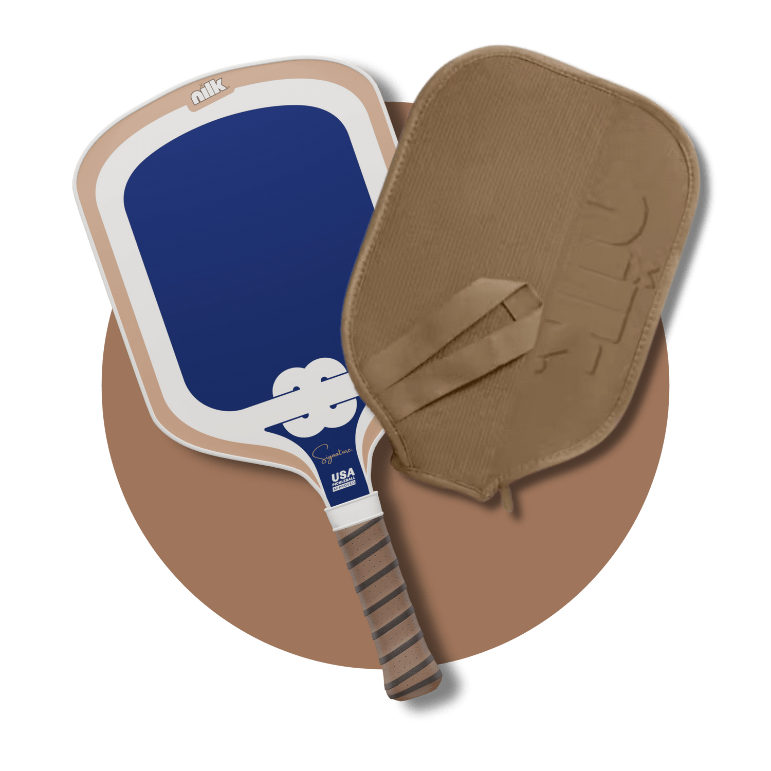 Tan Mochi pickleball paddle cover by NILK — custom padded case for pickleball paddles with strap, fits all shapes.