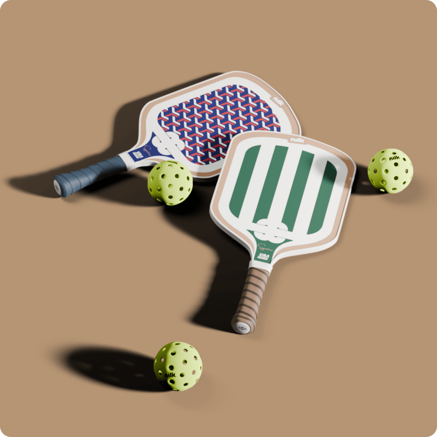 Two premium Nilk pickleball paddles with stylish designs, accompanied by Nilk pickleballs, displayed on a camel-colored background. Pickleball is the fastest-growing sport in 2025, with high-performance gear like these paddles enhancing the game.
