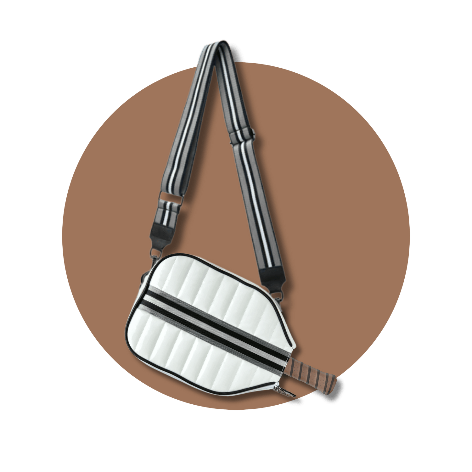 Front view of white pickleball paddle cover by NILK. Quilted puffer design, adjustable strap, and crossbody compatibility. Fits standard & hybrid paddles.