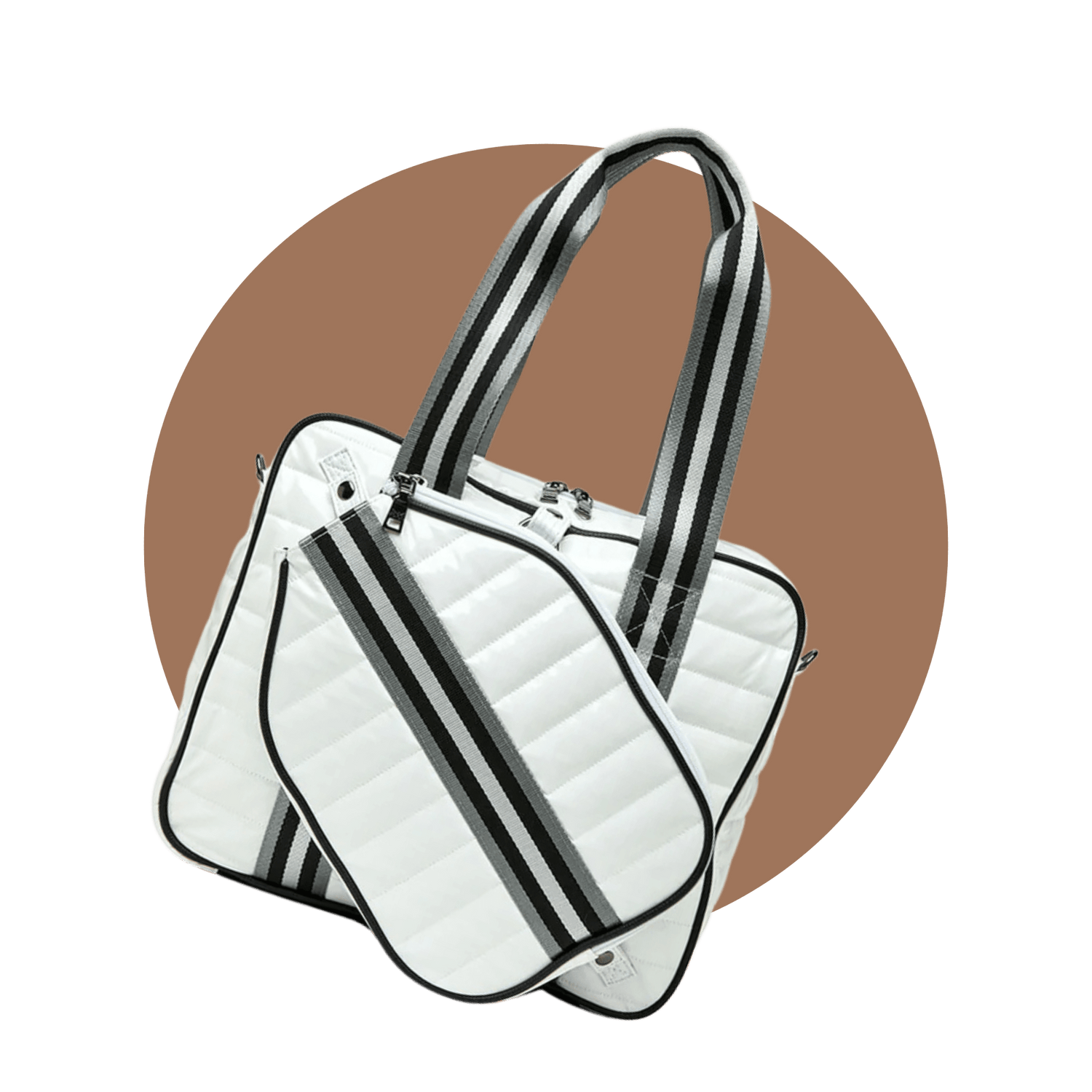 Elegant white pickleball bag with integrated paddle sleeve – stylish and functional puffer tote.
