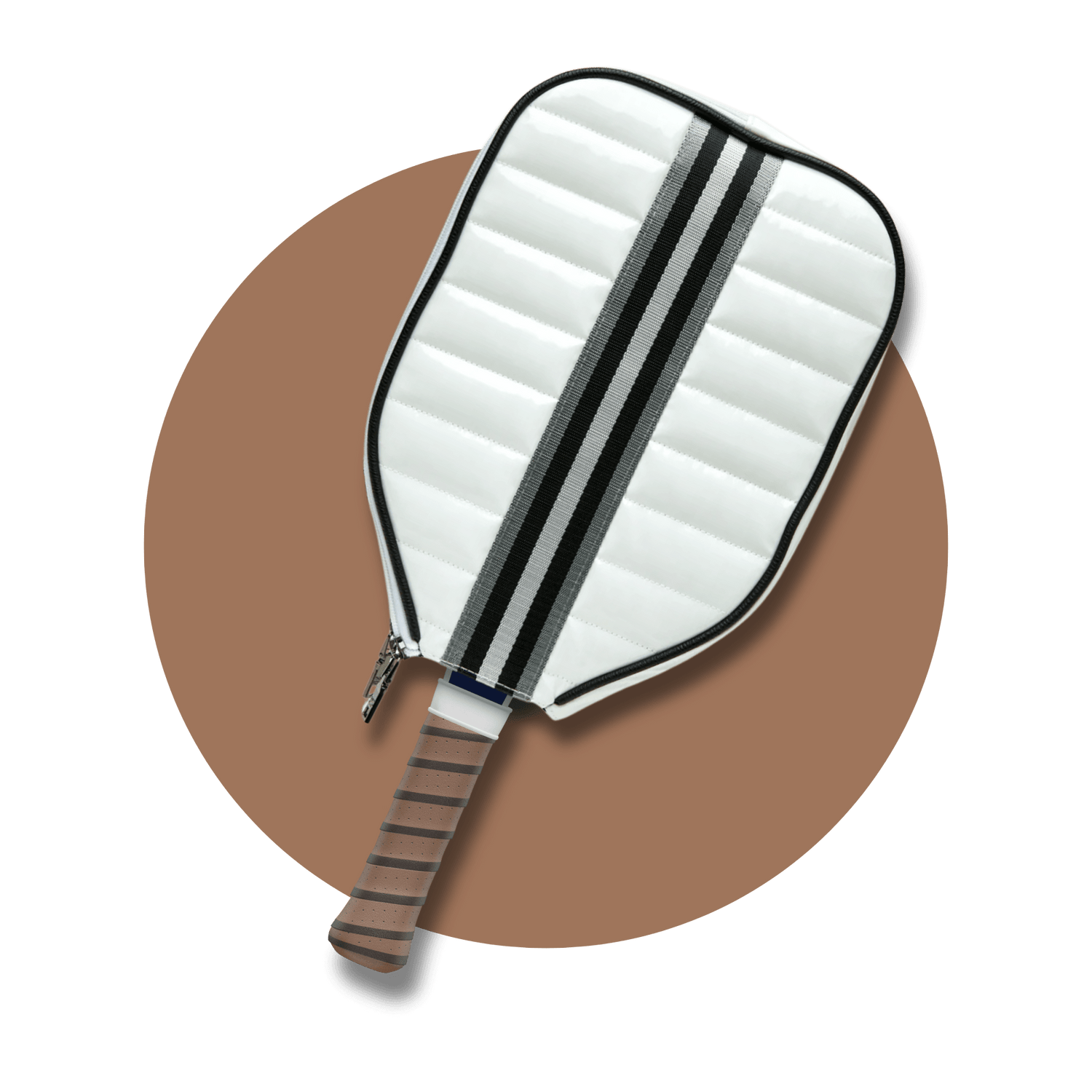 Custom-fit white quilted pickleball paddle cover by NILK. Puffer case holds 1–2 paddles. Lightweight, protective & stylish with zip closure.