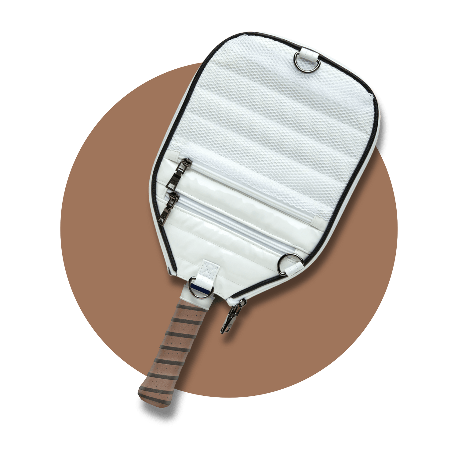 Back view of NILK’s White Truffle pickleball paddle cover. Features mesh pocket, zipper compartments & D-rings. Personalized paddle sleeve for two paddles.