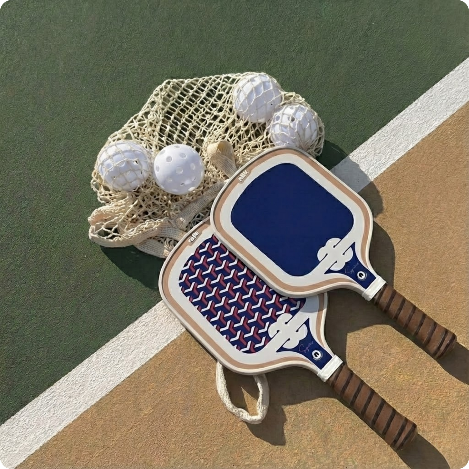 Custom pickleball paddles and starter set with balls on outdoor court, performance-grade paddles designed for beginners and corporate gifting