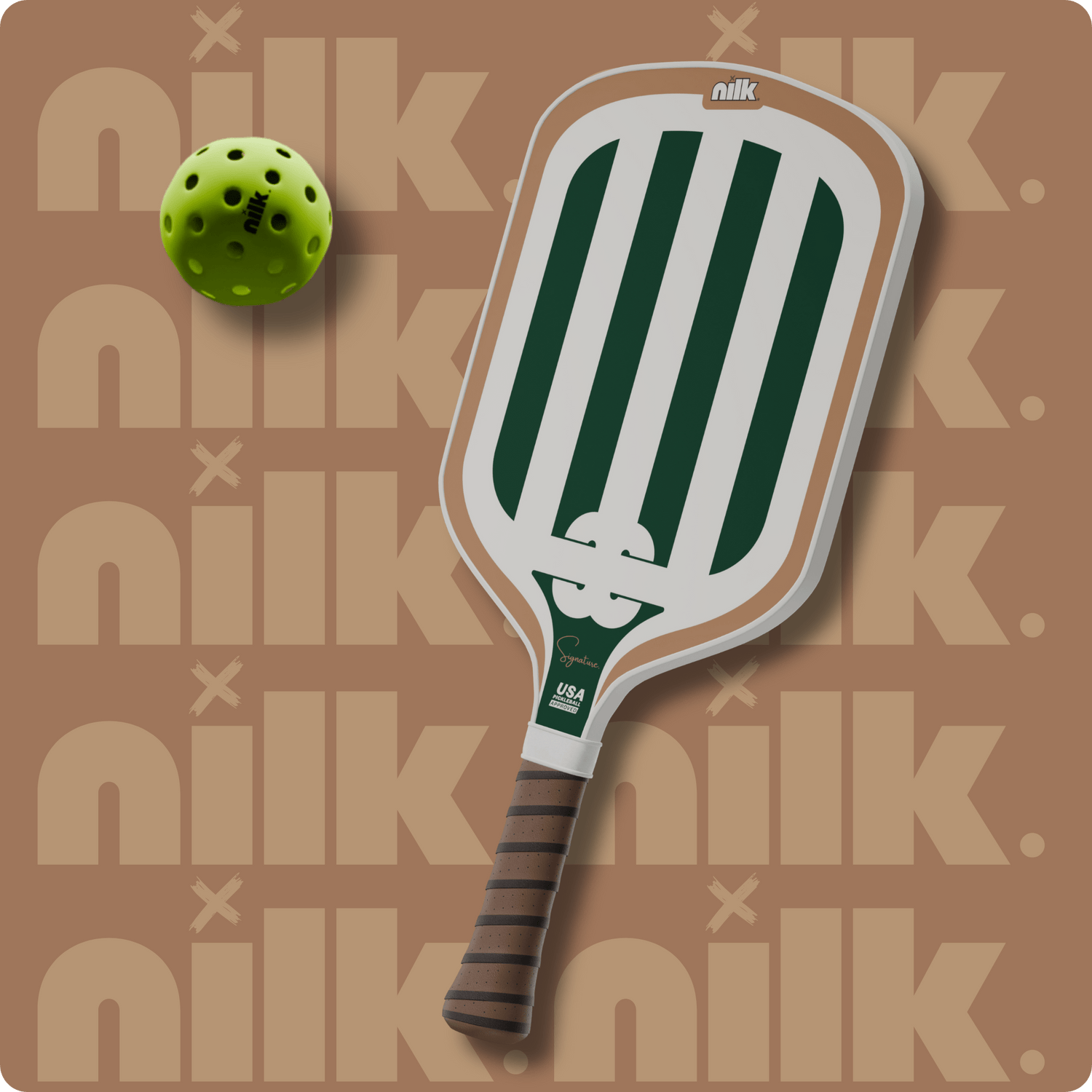 NILK Signature Green Matcha pickleball paddle with Toray T700 carbon fiber surface, ideal for badminton players switching to pickleball, shown with green pickleball